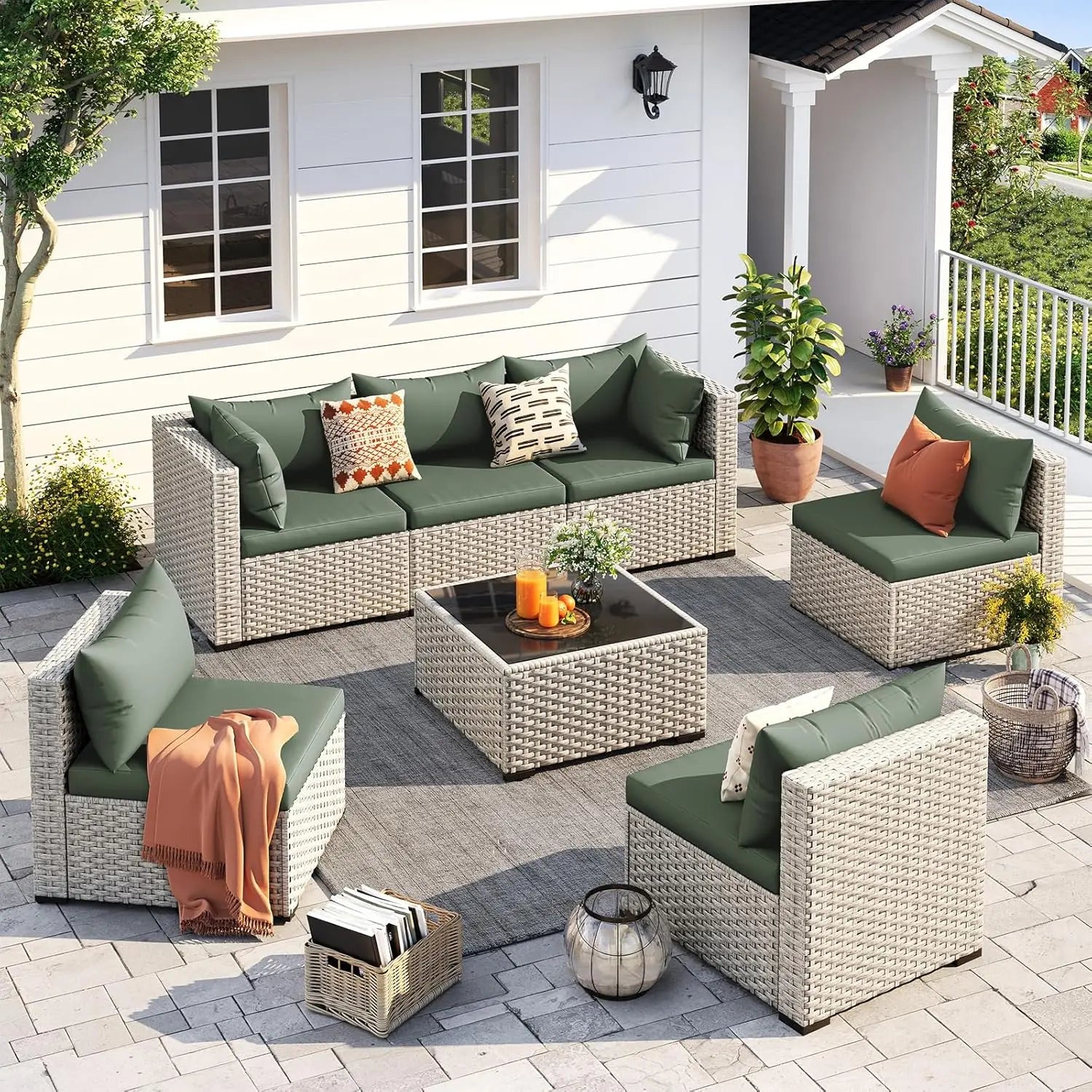 Outdoor Patio Furniture Set, 7 Pcs PE Wicker Sectional Sofa with Tea Table,
