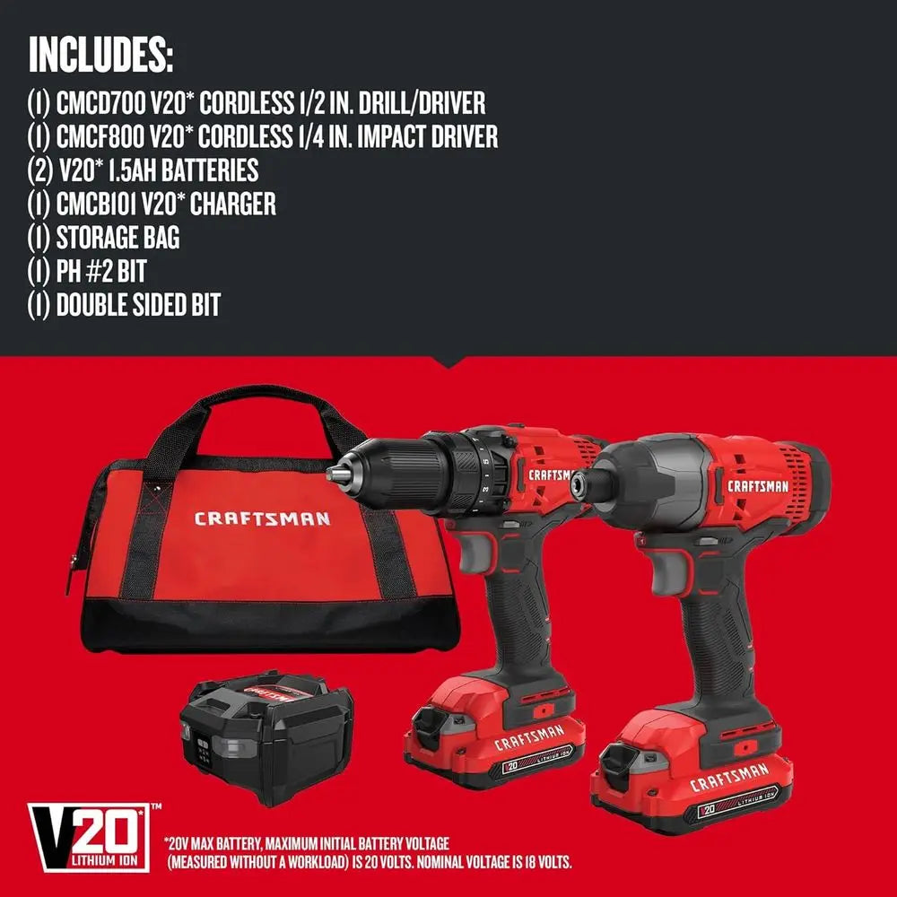 Max Cordless Drill and Impact Driver Set, 2-Battery Power Tool Kit with LED Light, 2 Bits, Carry Bag