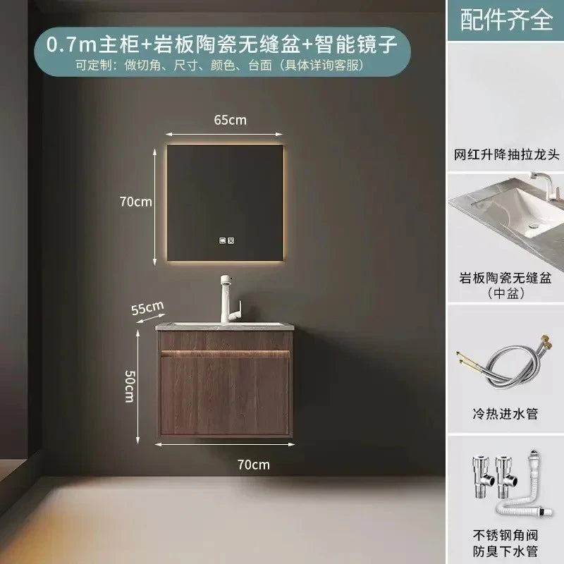 Light Luxury Vanity, Modern Solid Wood Bathroom Sink Cabinet, Rock Slab Integrated Washbasin