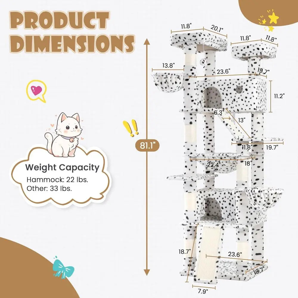 Indoor Multi-Level Cat Tree Tower with Hammock, Perches, Scratching Posts, Pet House, Wide Base, White & Black Spots