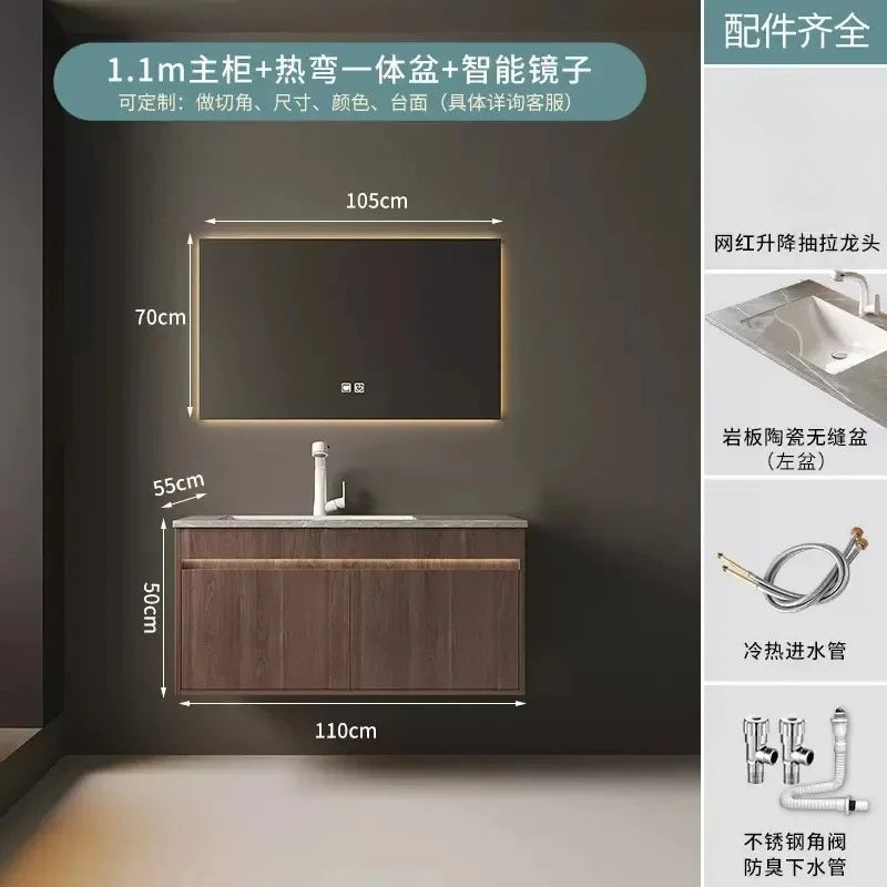 Light Luxury Vanity, Modern Solid Wood Bathroom Sink Cabinet, Rock Slab Integrated Washbasin