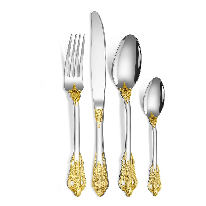 Luxery Gold Cutlery Set Vintage Dinnerware Set 18/10 Stainless Steel Silver Flatware Knife Fork and Spoon Drop Shipping