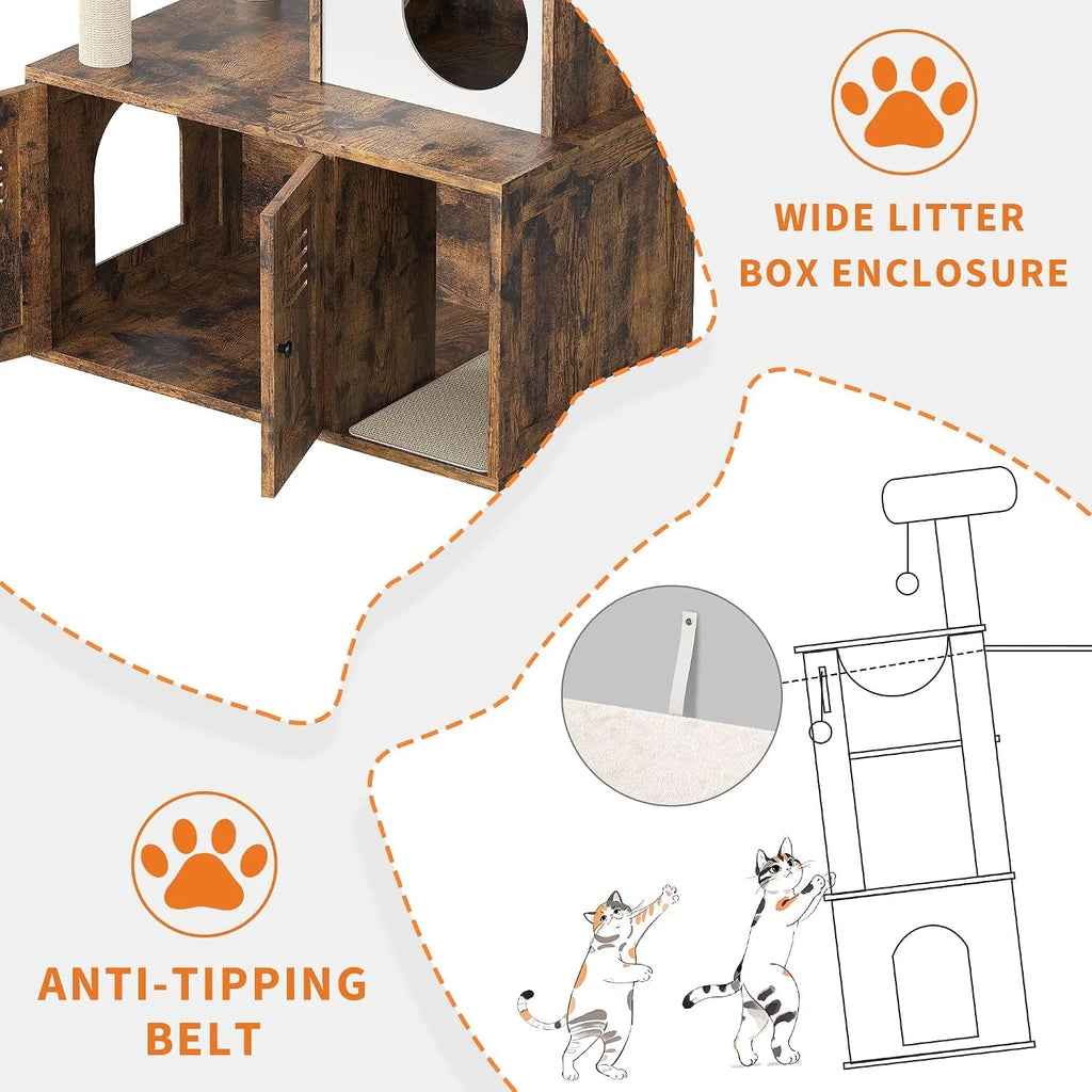 Cat Tower with Litter Box Enclosure, 2-in-1 Modern Cat Tree, 55.1-Inch Cat Condo with Scratching Posts,