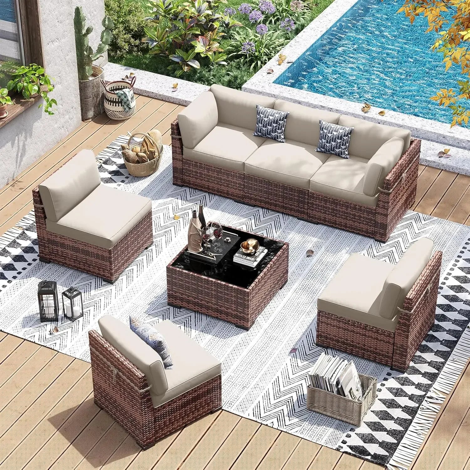 Patio Furniture Set, 7 Pieces PE Wicker Sectional Sofa with Tea Table, Outdoor Conversation Set