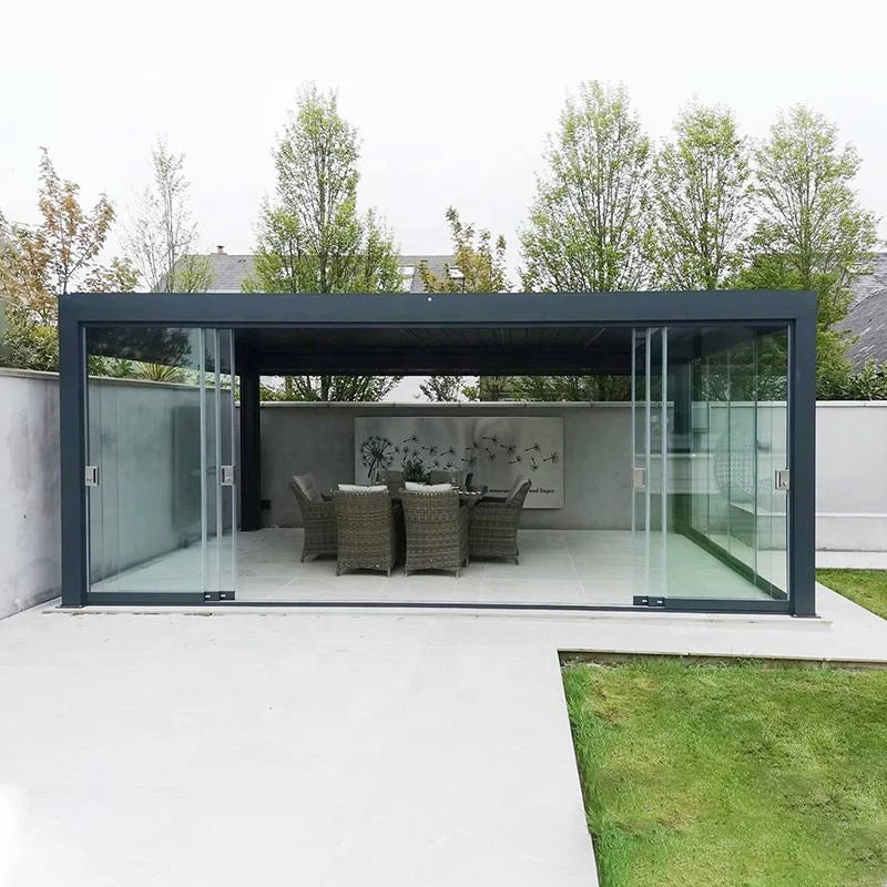 4x3m 3x4m Motorized Aluminum Pergola with Glass Sliding Doors LED Lights All-season Use