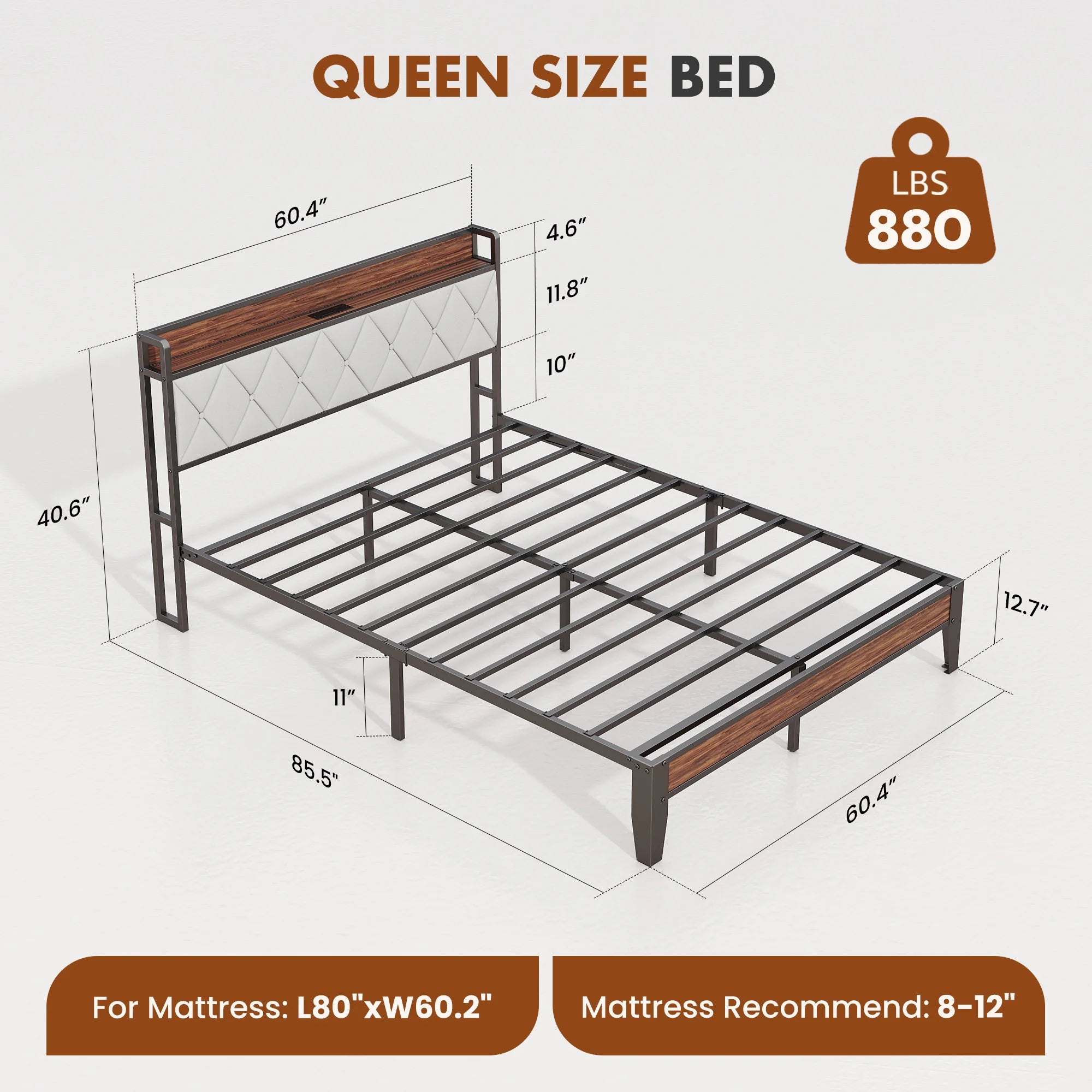 JHK Soft Pack Heavy Duty Metal Bed Frame with Headboard Charging Station, 1100lbs Capacity