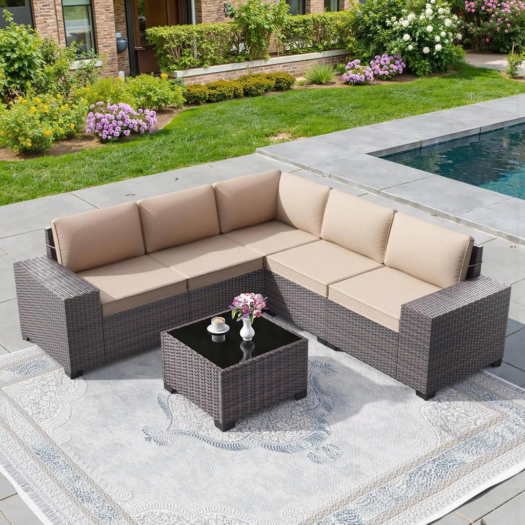 6 PCS Outdoor Patio Rattan Wicker Sectional Sofa Set with Coffee Table & Thickened Cushions,