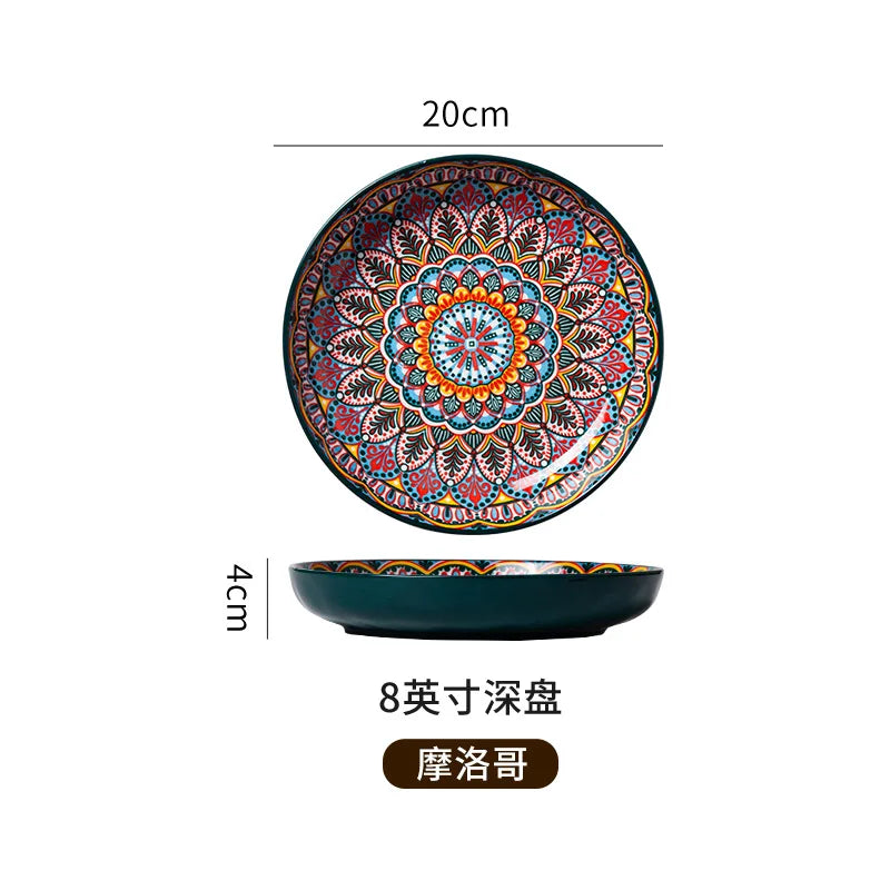 7in or 8in Ceramic Plates Household Retro Tableware Pasta Steak Plate Breakfast Dumpling  Fruit Plate