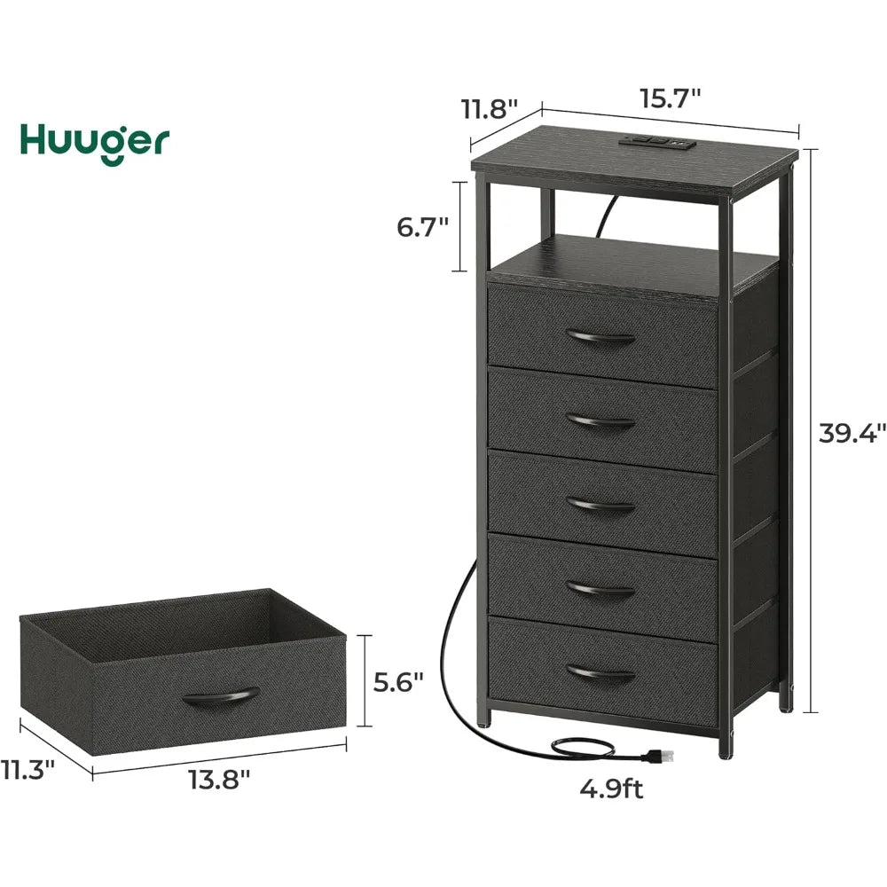 5 Drawers Dresser with Charging Station, Chest of Drawers with Open Shelf