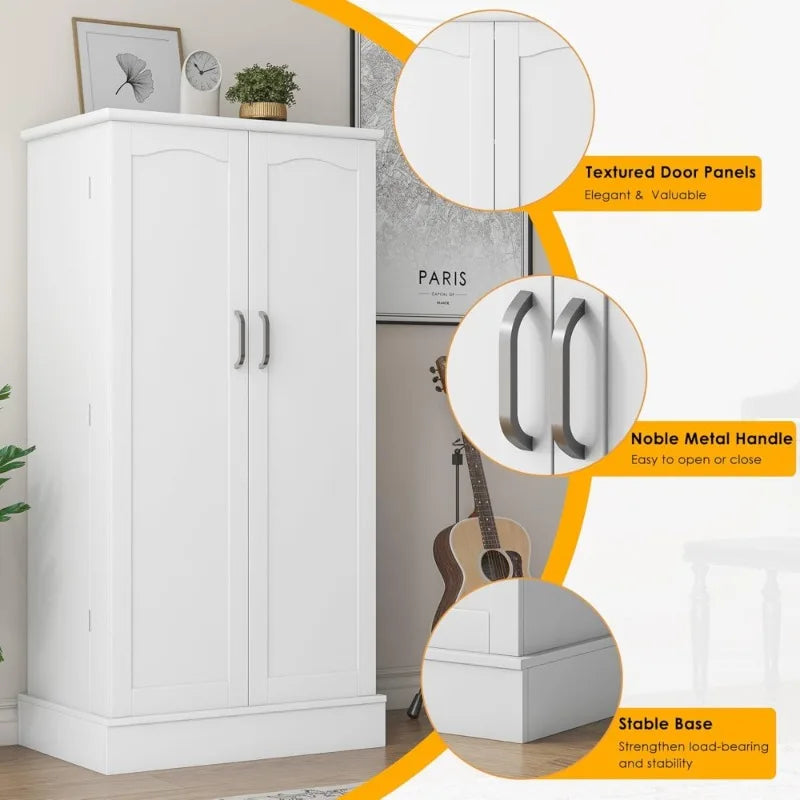 Freestanding Pantry Cabinet with Adjustable Shelves and Doors for Kitchen Dining Room White Storage Cupboard