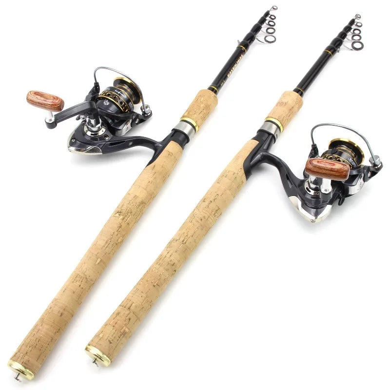 Telescopic Lure Rod with Long Wooden Handle & Spinning Reel Combo,