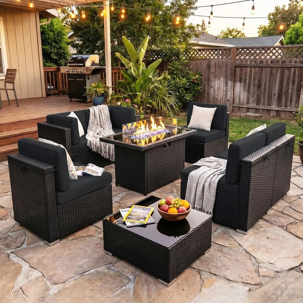 8 Pieces Patio Furniture Set with 44" Propane Gas Fire Pit Table, Outdoor Sectional Wicker Conversation Sofa Sets with Coffee Ta