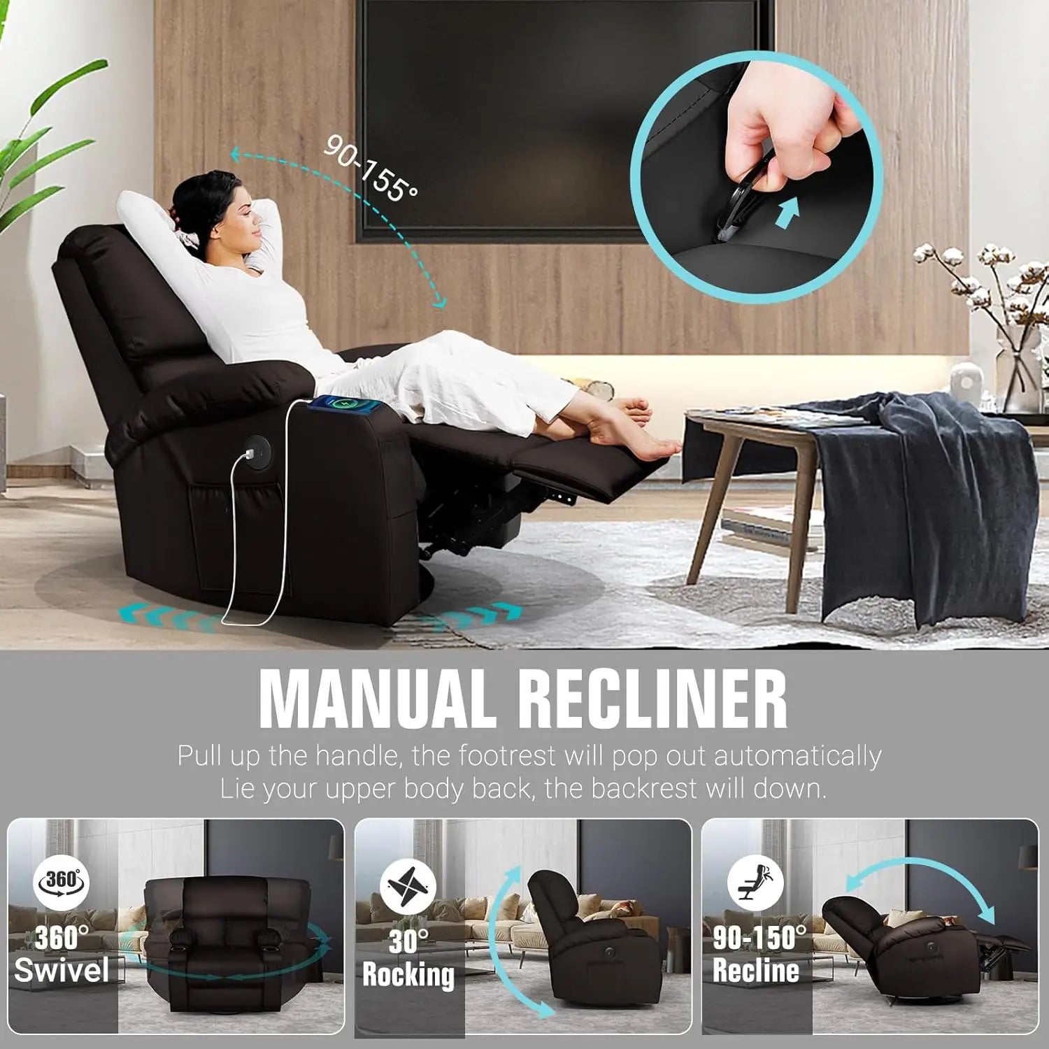 Massage Rocker Recliner Chair with Vibration And Heat USB & Type-C Ports, 360° Customizable Rocking Recliner Chair