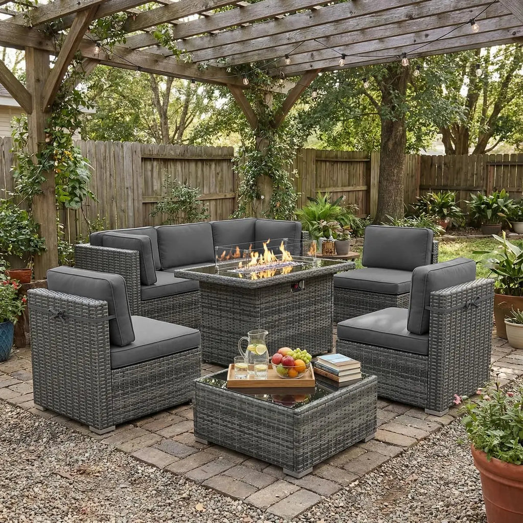 8 Piece Patio Furniture Set with 44" Propane Gas Fire Pit Table,