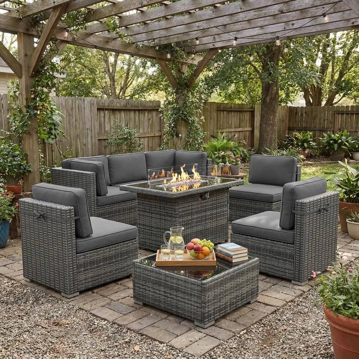 8 Piece Patio Furniture Set with 44" Propane Gas Fire Pit Table,