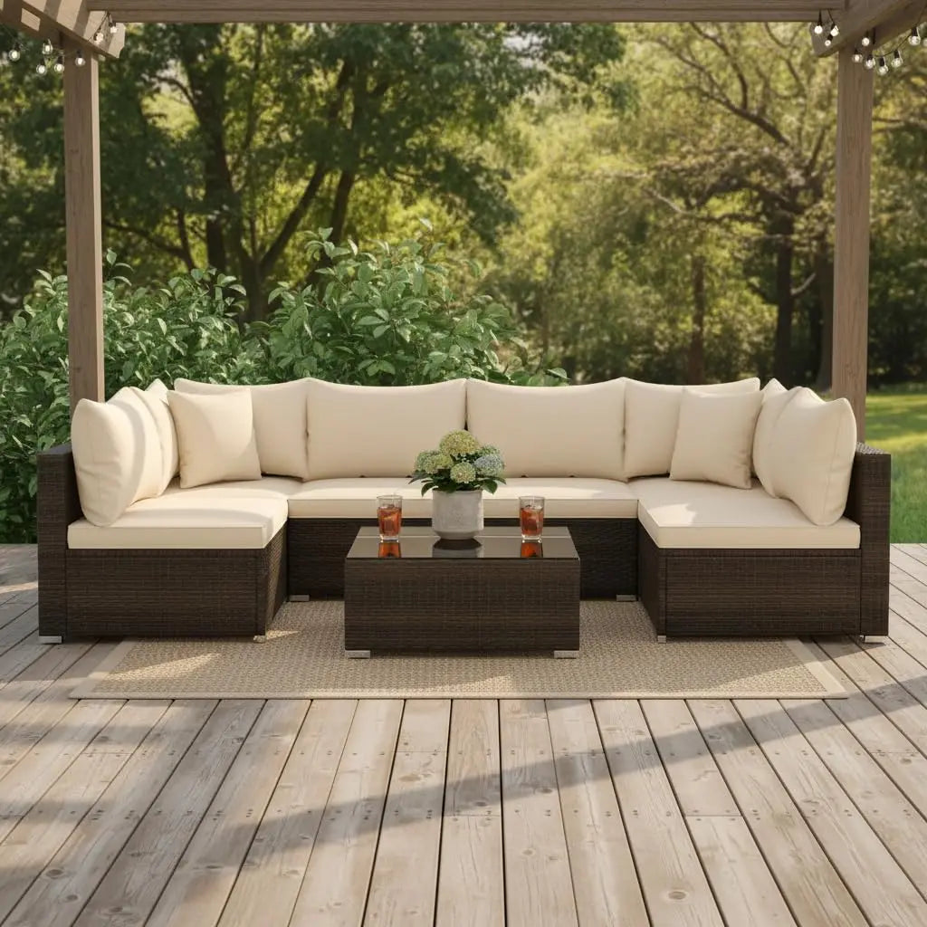7 Pieces Wicker Patio Furniture Set, All-Weather Outdoor Rattan Sectional Sofa Set with Cushions & Tempered Glass,