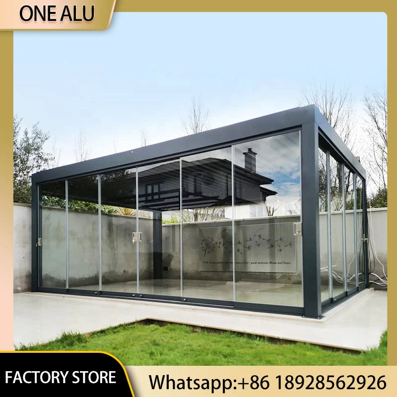 4x3m 3x4m Motorized Aluminum Pergola with Glass Sliding Doors LED Lights All-season Use