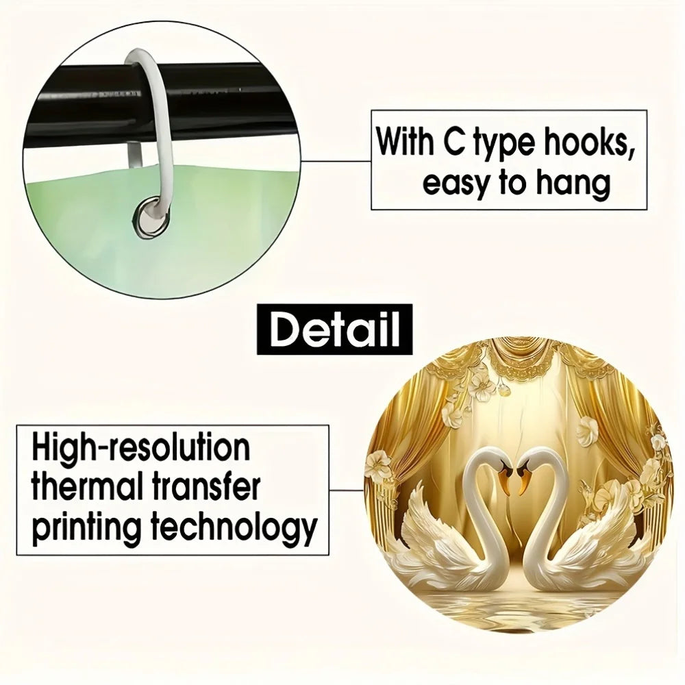 Luxurious Golden Swans and Curtains Bathroom Set - Waterproof Shower Curtain, Toilet Lid Cover, Bath Mat, and Contour Mat