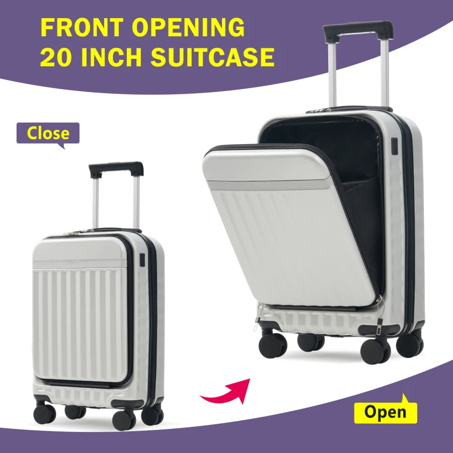 Front Opening Luggage Set 3 Piece: Hardside Carry-on Suitcase with USB Port, Expandable Spinner Wheels, TSA Lock, ABS/PC Materi
