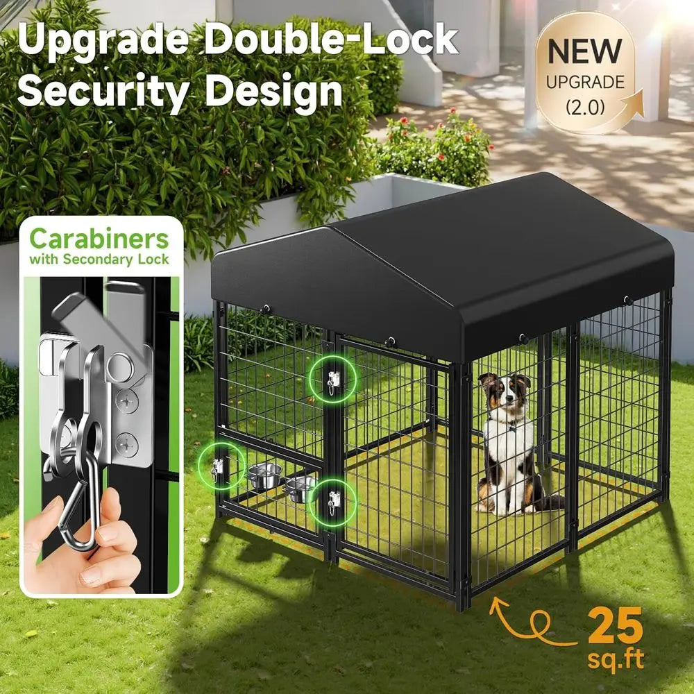 Outdoor Dog Kennel with Roof & Swivel Feeders and Removable Dog Door, Dog Enclosure Run for Medium Large Dogs (5'L x 5'W x 5'H)