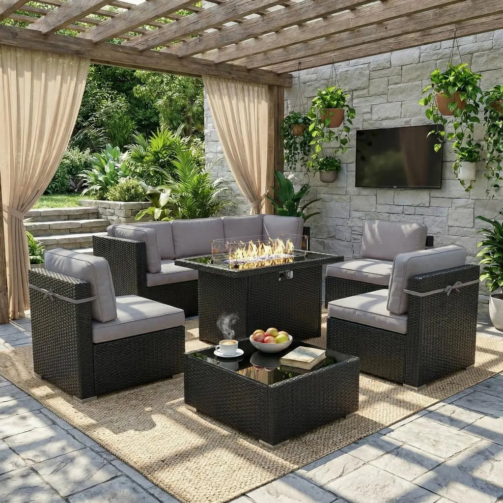 8 Piece Patio Furniture Set with 44" Propane Gas Fire Pit Table,