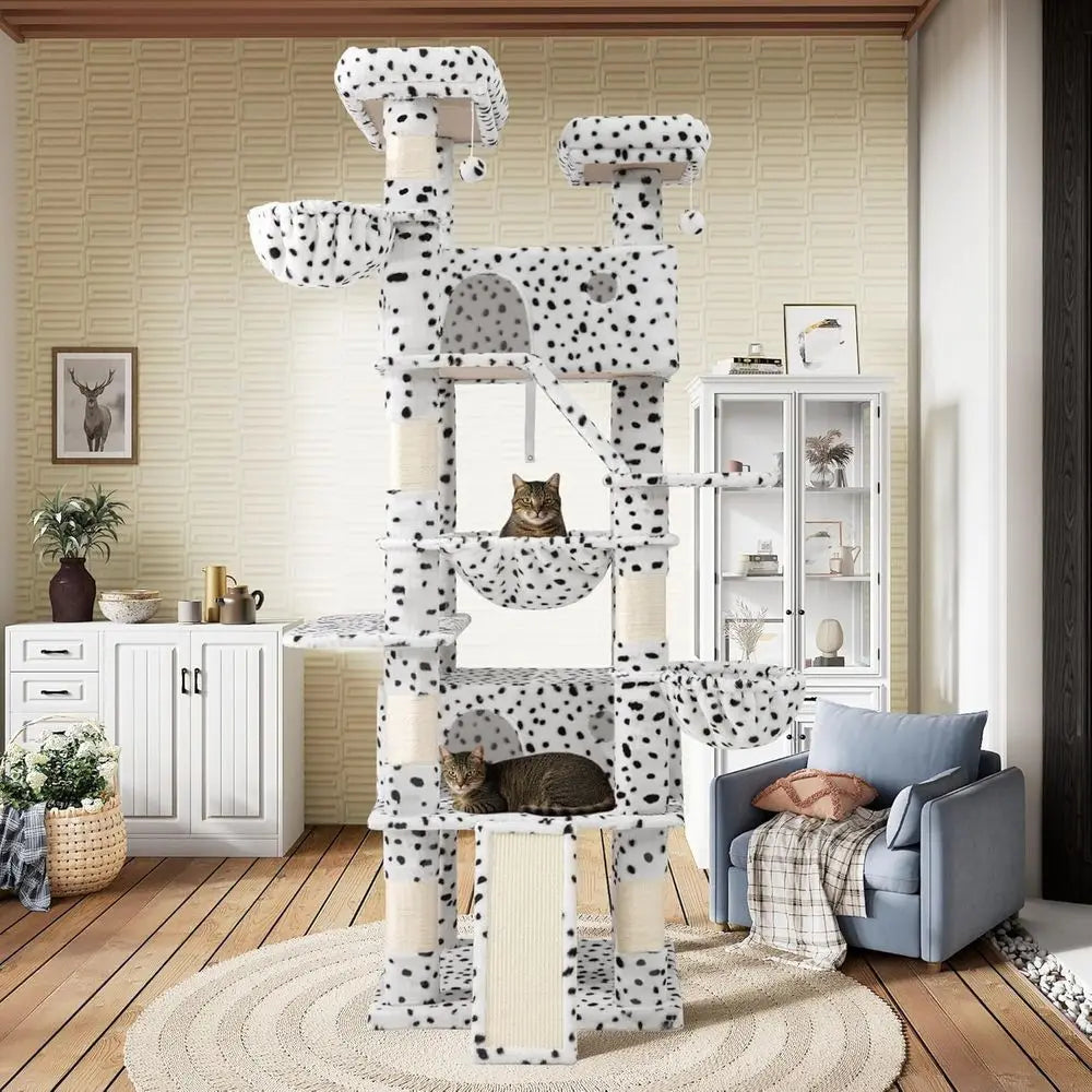 Indoor Multi-Level Cat Tree Tower with Hammock, Perches, Scratching Posts, Pet House, Wide Base, White & Black Spots
