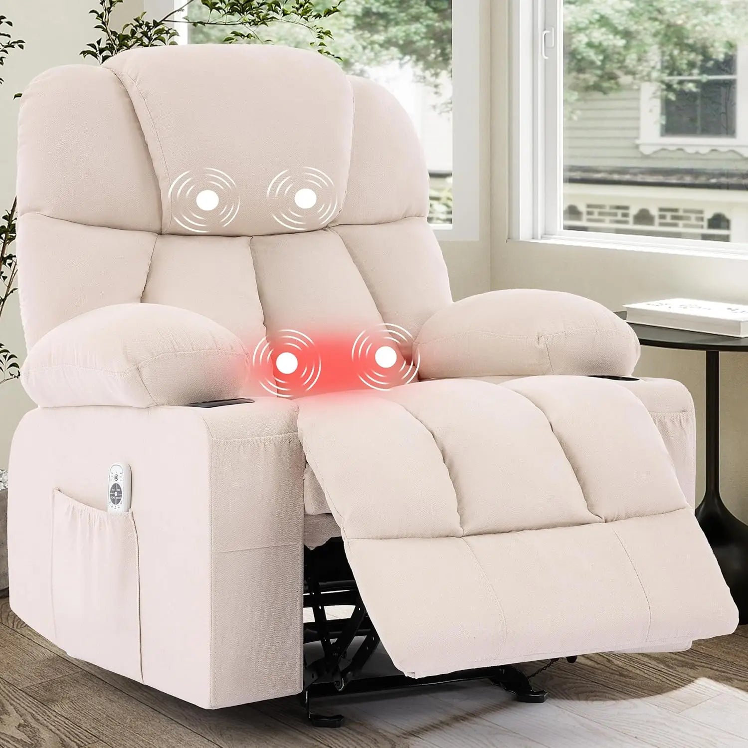 Massage Rocker Recliner Chair with Heat & Vibration, 4 Pockets, 2 Cup Holders, Fabric