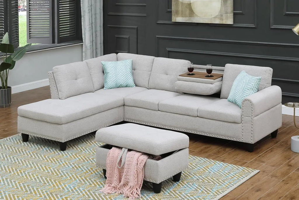 Modern L-Shape Sectional Sofa Chaise & Ottoman, 2 Pillows, Cup Holder