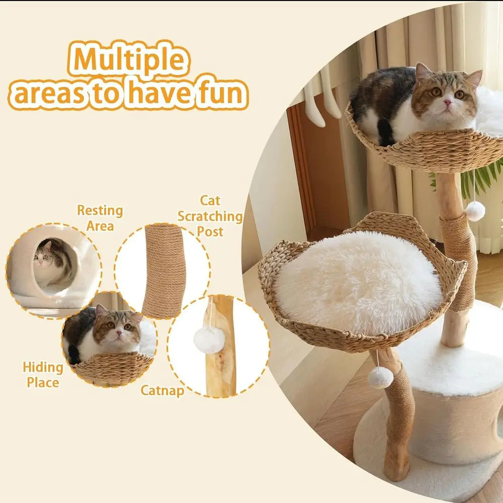 Modern Cat Tree Tower – Wooden Cat Condo with Dangling Ball, Cozy Baskets, Scratching Posts, for Large Indoor Cats, Solid Wood A