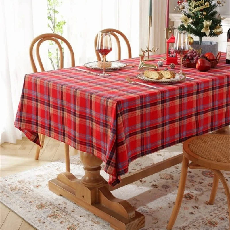 1pc Vintage Christmas Plaid Tablecloth, Rectangular with Tassels, for Dining/Tea Table, Holiday Party Decor