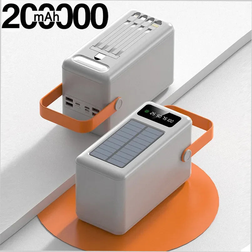 200000mAh Solar Panel Power Bank Fast charging Power Station with Four Wire External Battery Pack with Flashlight For Outdoors