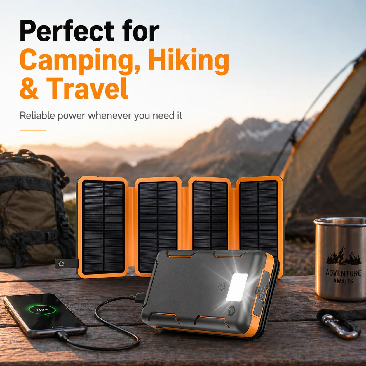Mew 5V 50000mAh Solar Power Bank with Foldable Solar Panels and LED Flashlight for Camping, Hiking, Travel and Emergency Use