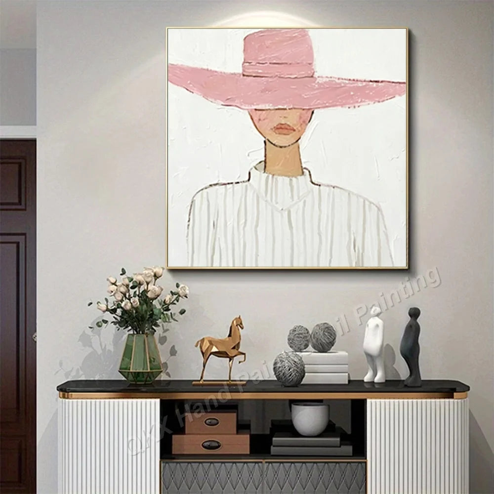Hand-Painted Oil Painting on Canvas, Macaron Tone Striped Figure Textured Abstract Wall Painting
