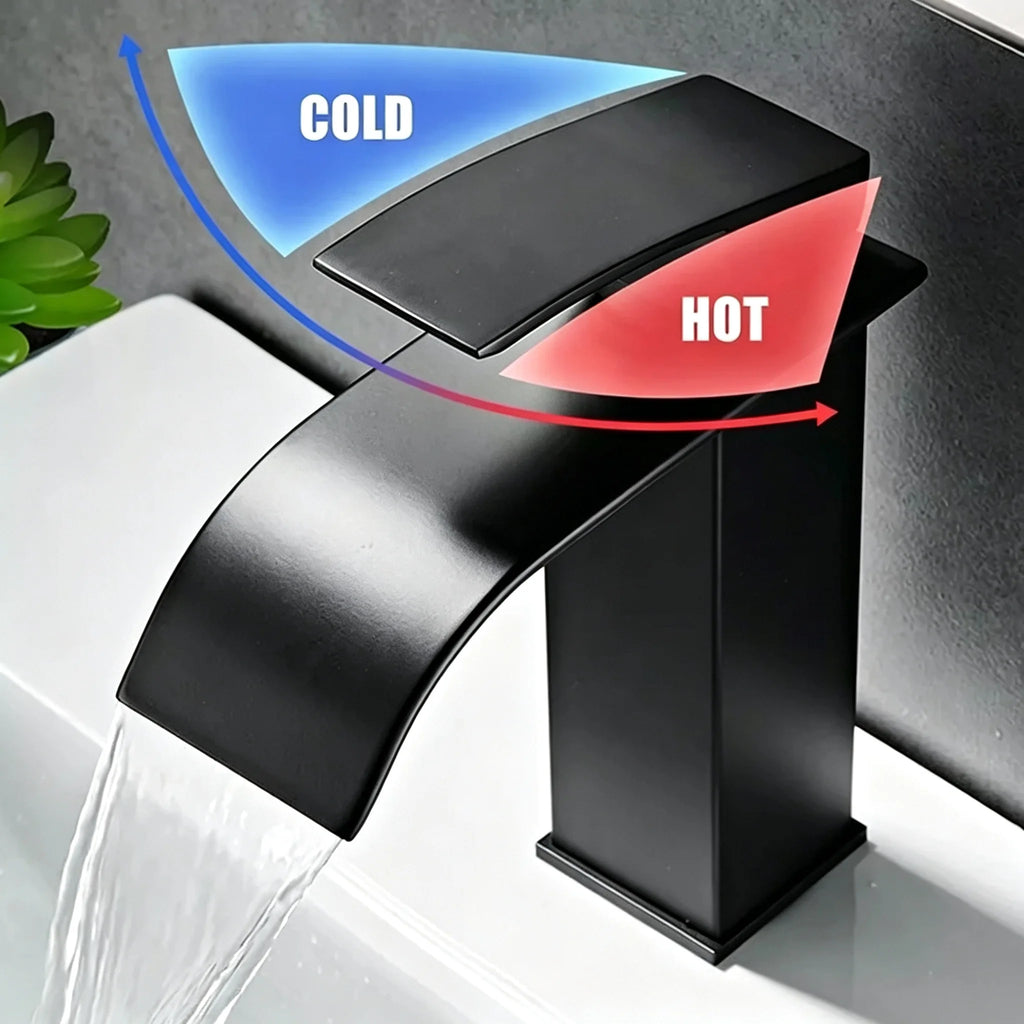 Matte Black Modern Bathroom Sink Waterfall Spout Faucet