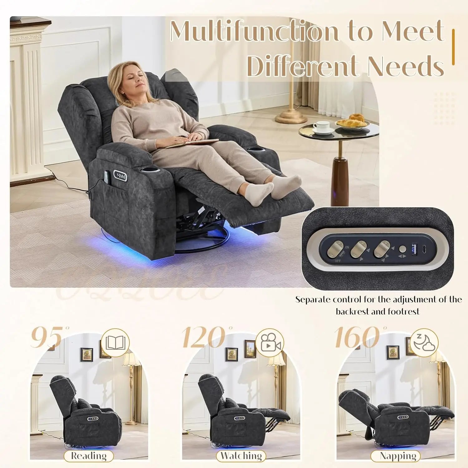 Dual Motor Power Swivel Rocker Recliner Chair with Massage & Heat, USB Ports