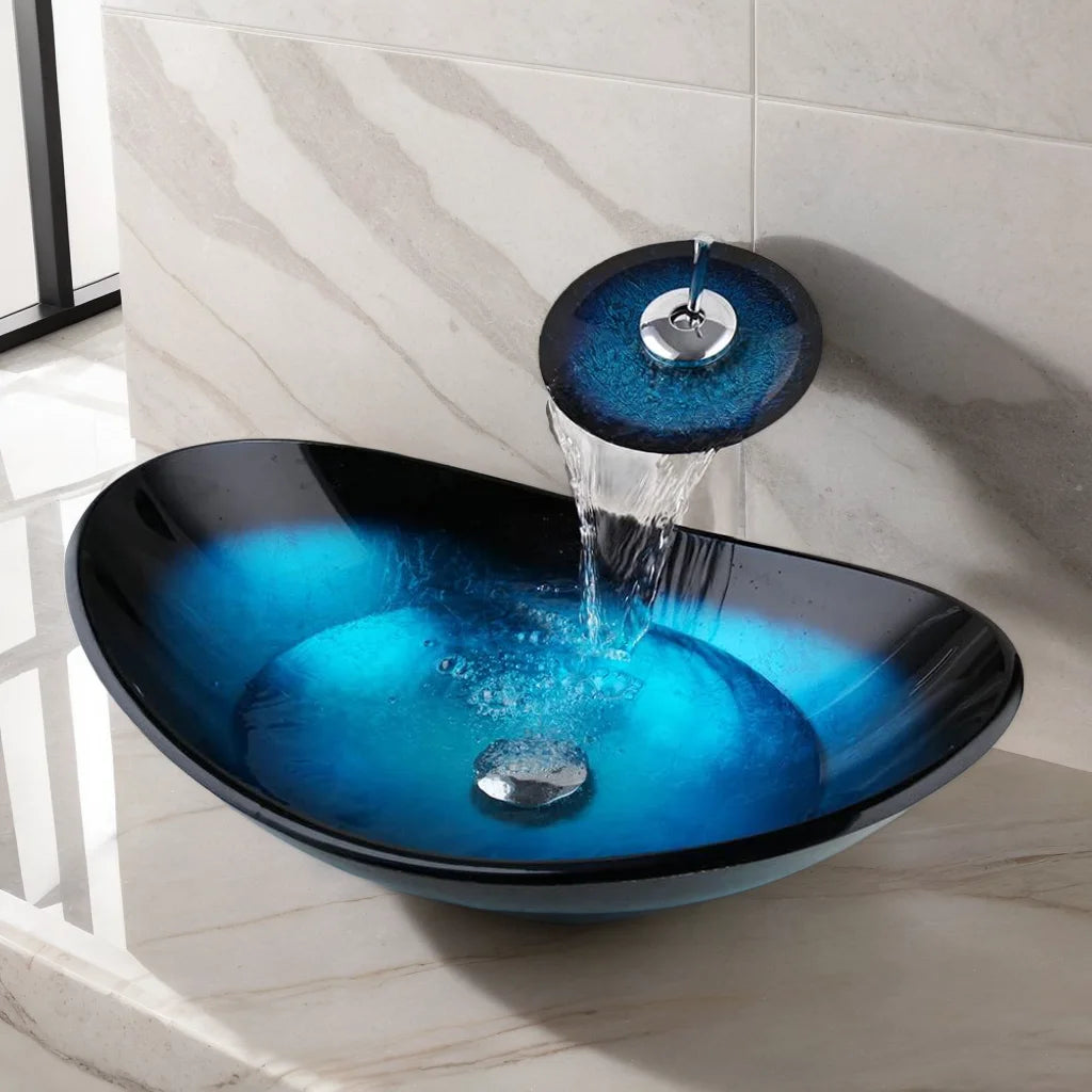 KEMAIDI Tempered Glass Countertop Washbasin Bowl Faucet Set