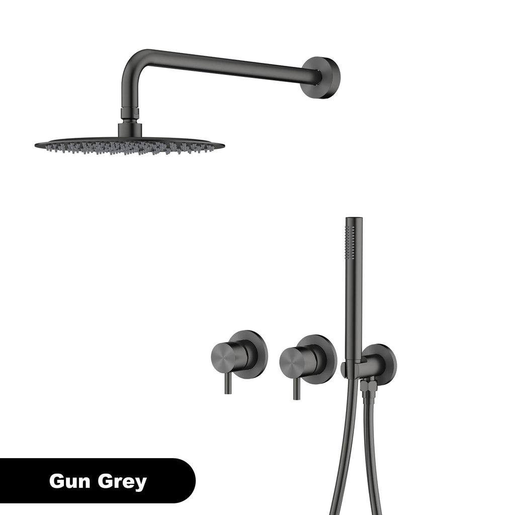 Luxury brass gun gray wall mounted shower head system with minimalist design, dual handle hot and cold water bathroom faucet