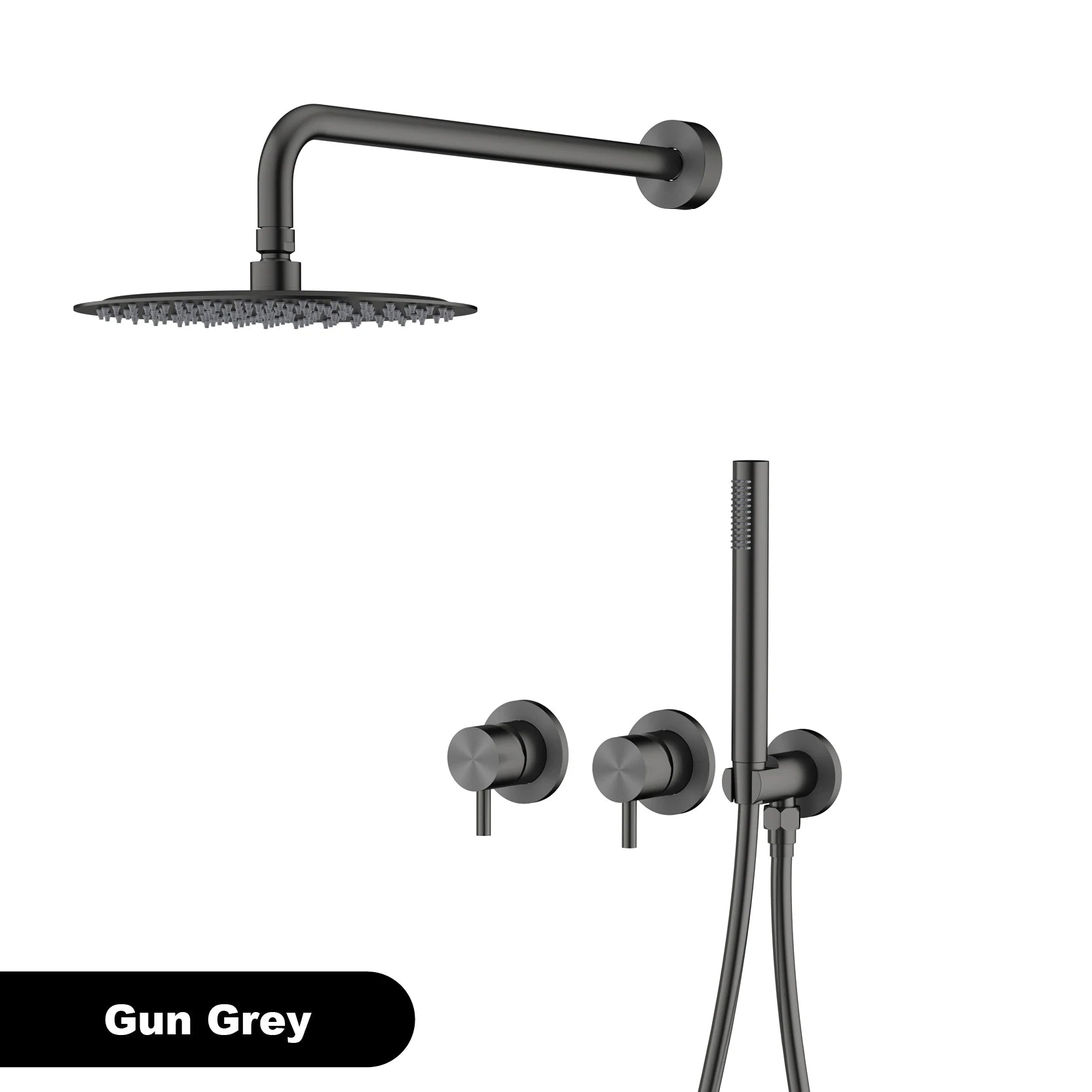 Luxury brass gun gray wall mounted shower head system with minimalist design, dual handle hot and cold water bathroom faucet