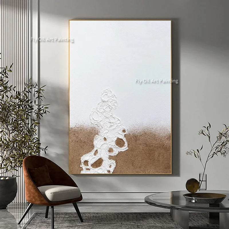 Gray Abstract Wall Art On Canvas Handpainted Brown And White Thick Oil Painting