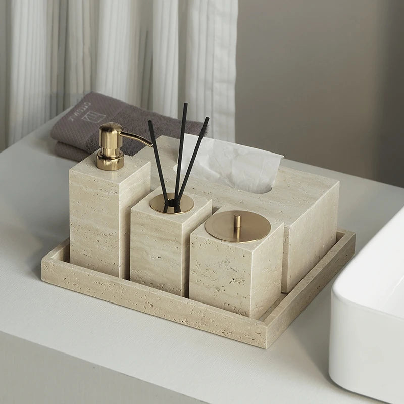 Travertine Bathroom Accessories Set Luxury Soap Dish Soap Dispenser Reed Diffuser Tissue Box Tray Bathroom Set
