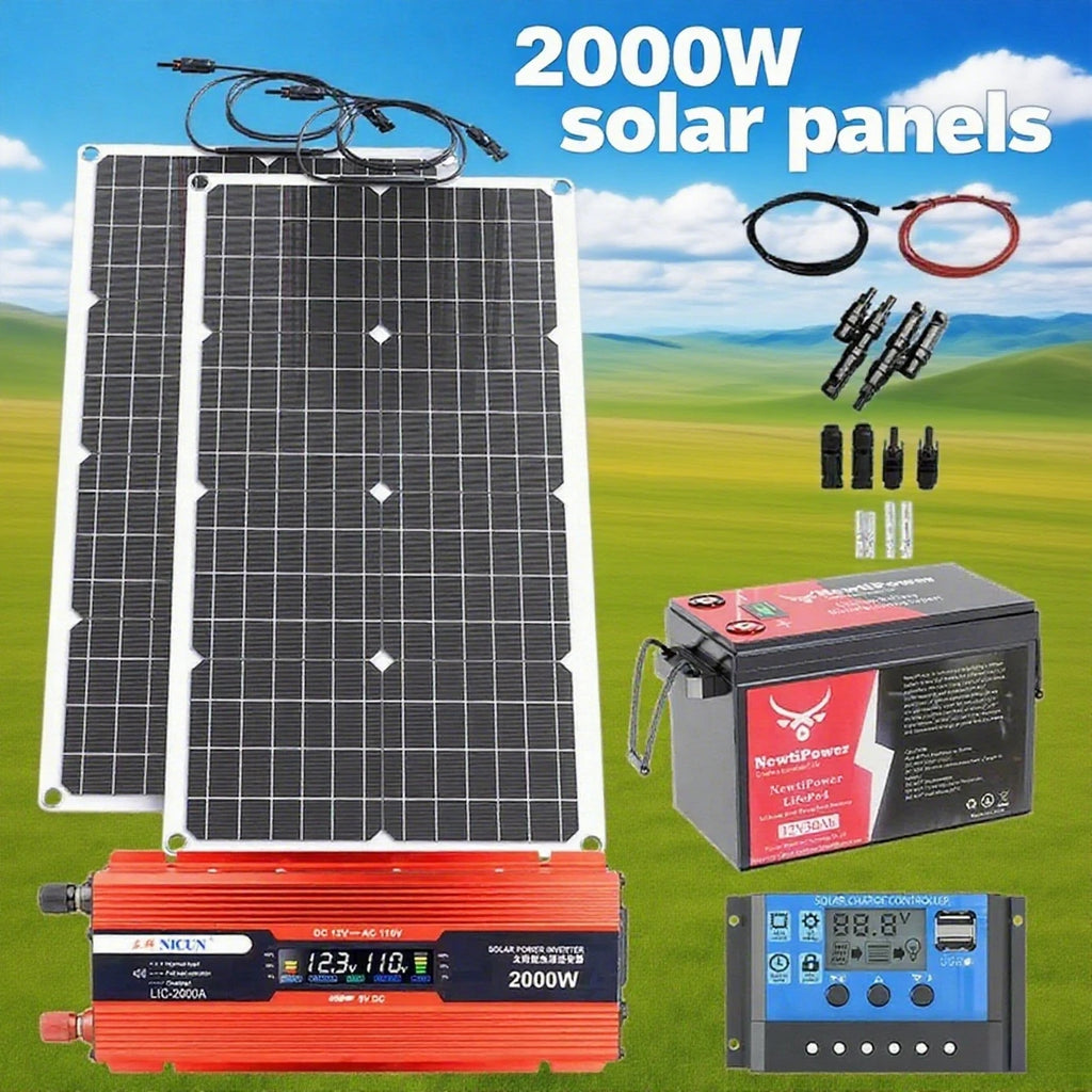 2000W Off-Grid Solar Complete Kit Power 100A Controller,110V 220V Inverter&10AH 30AH LiFePO4 Battery