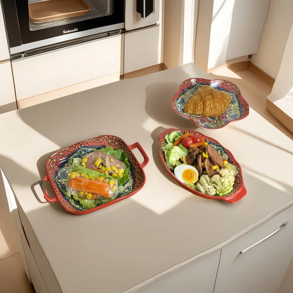 Bohemian ceramic plate set, double-eared fish plate, household steamed fish plate, high-value salad plate, cooking plate
