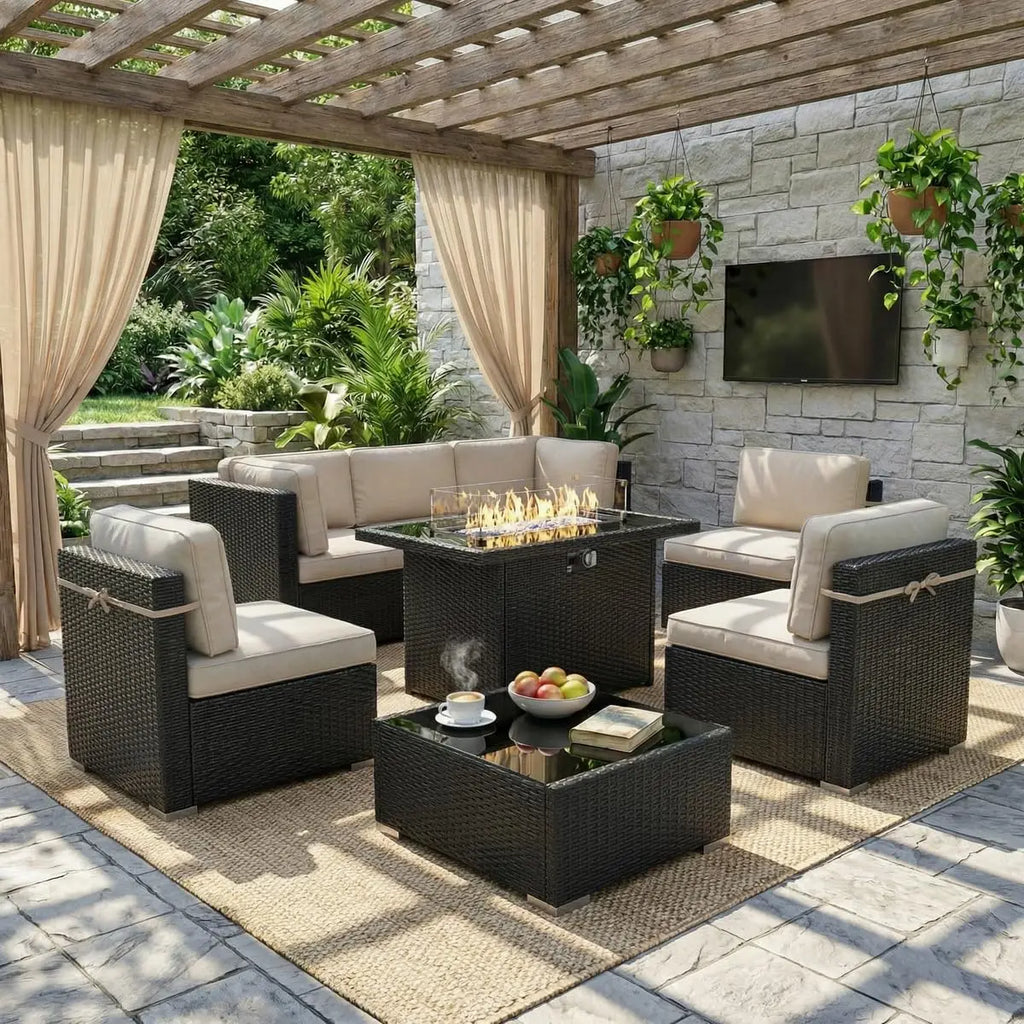 8 Piece Patio Furniture Set with 44" Propane Gas Fire Pit Table,