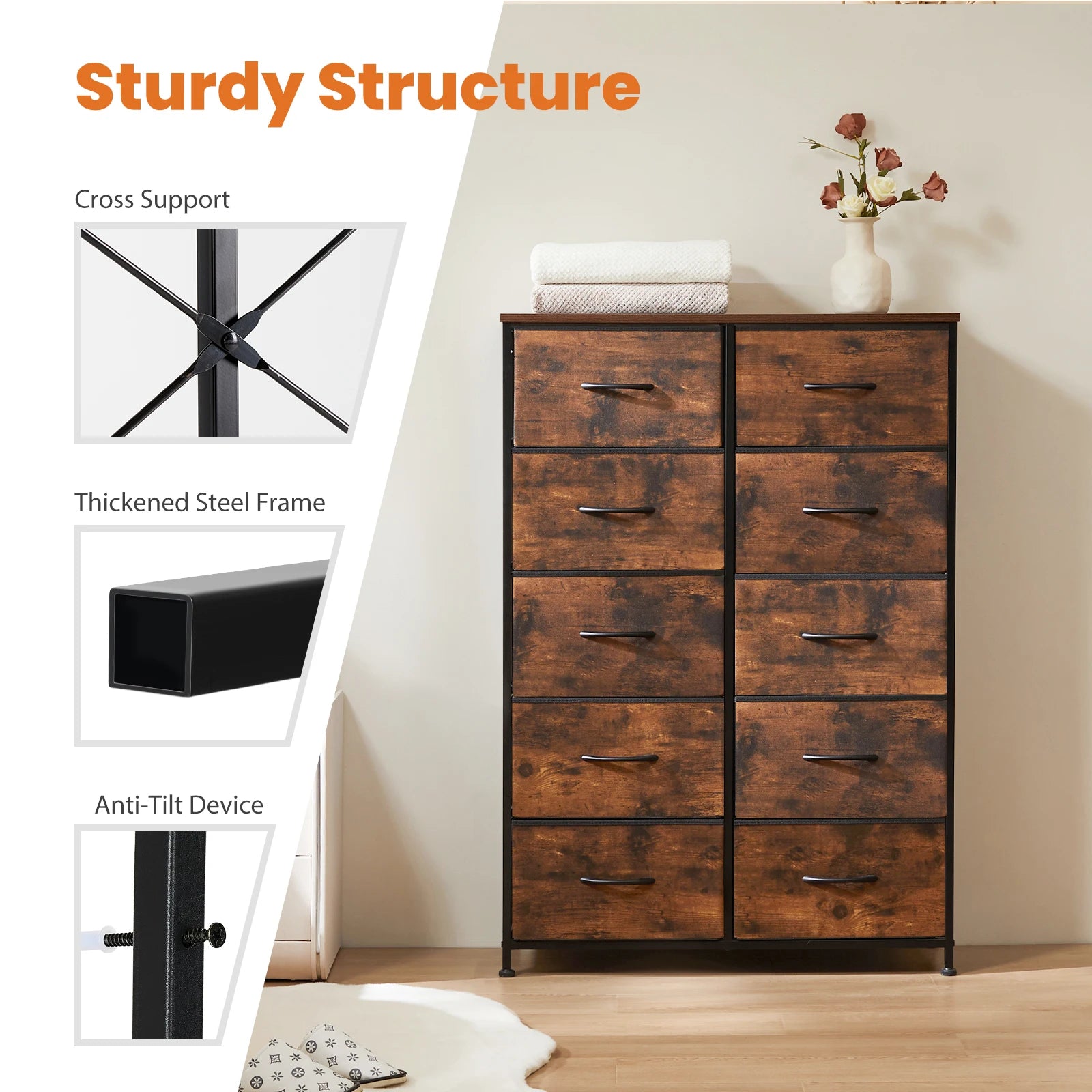 JHK Bedside Table For Bedroom With 10 Fabric Drawers Wardrobe Steel Frame Closet, Also For Living Room Storage Cabinet