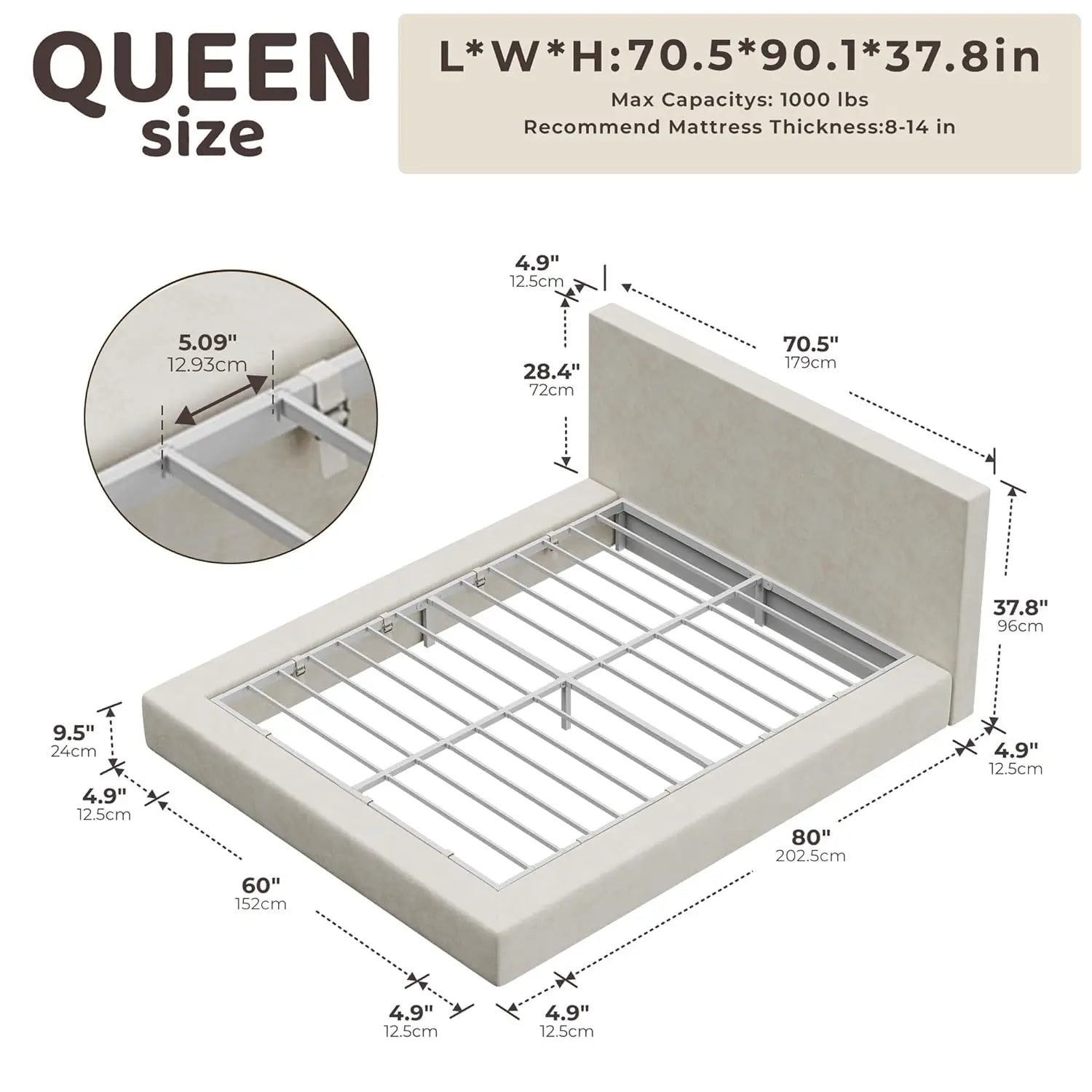 AirFrame Queen Bed Frame with Headboard, Cloud Upholstered Platform Bed Frame, 5 Inch Foam Cushioned,