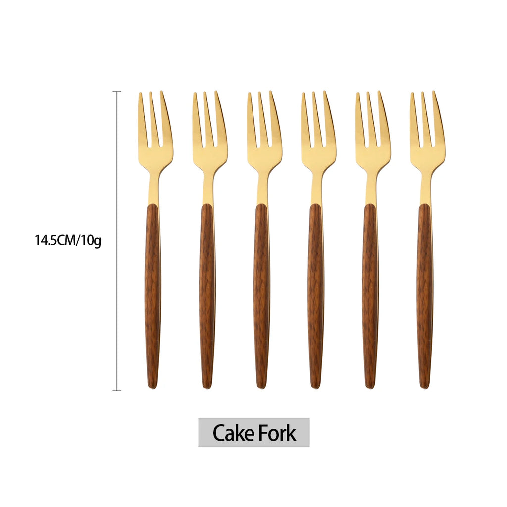 6/30Pcs Imitation Wooden Handle Cutlery Set Knife Cake Fork Coffee Spoons Tableware Stainless Steel Dinnerware Western Flatware