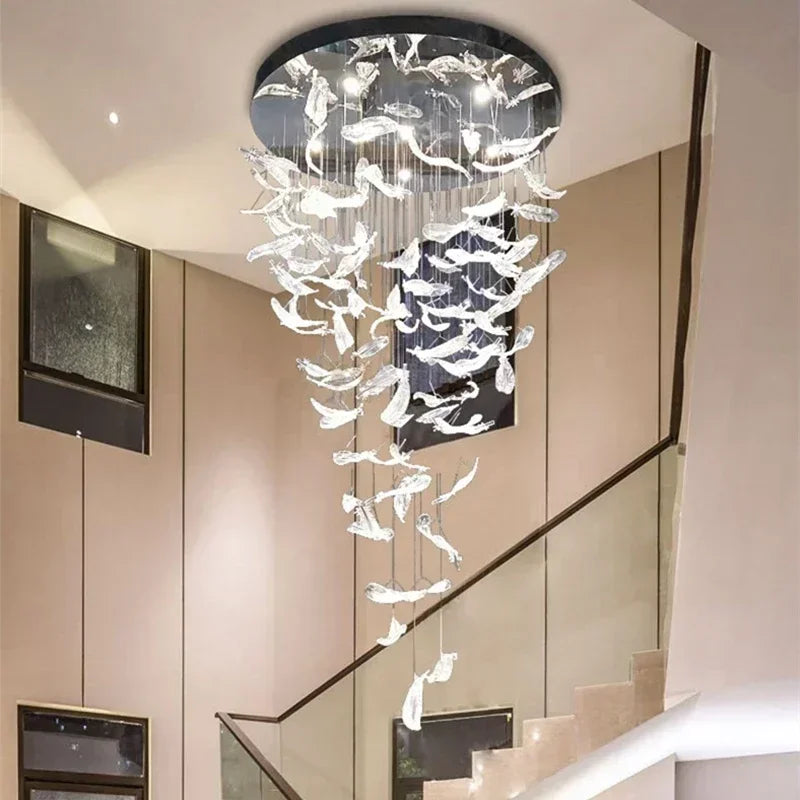 Amber Clear Crystal Feather Chandelier For Staircase