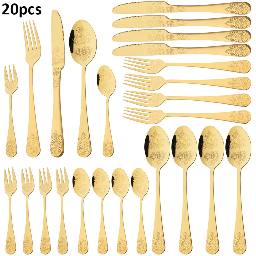 20pcs Silver Dinnerware Set Creative Carving Knife Fork Spoon Cutlery Mirror Stainless Steel Retro Flatware Kitchen Tableware