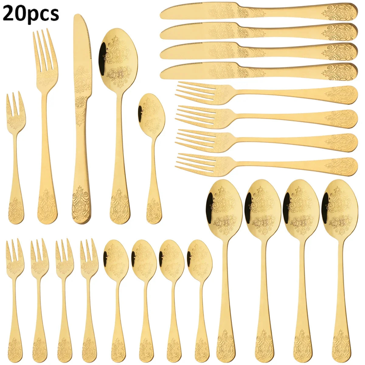 20pcs Silver Dinnerware Set Creative Carving Knife Fork Spoon Cutlery Mirror Stainless Steel Retro Flatware Kitchen Tableware