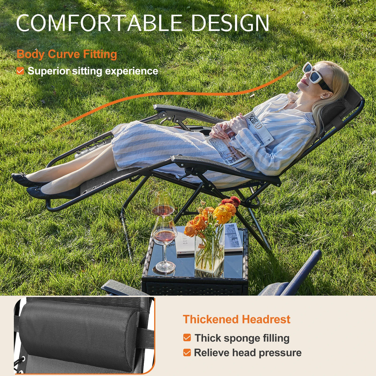 JHK Zero Gravity Portable Recliner Camping Patio Outdoor Garden Lounge Chair with Cup Holder, Trays, Adjustable Pillow